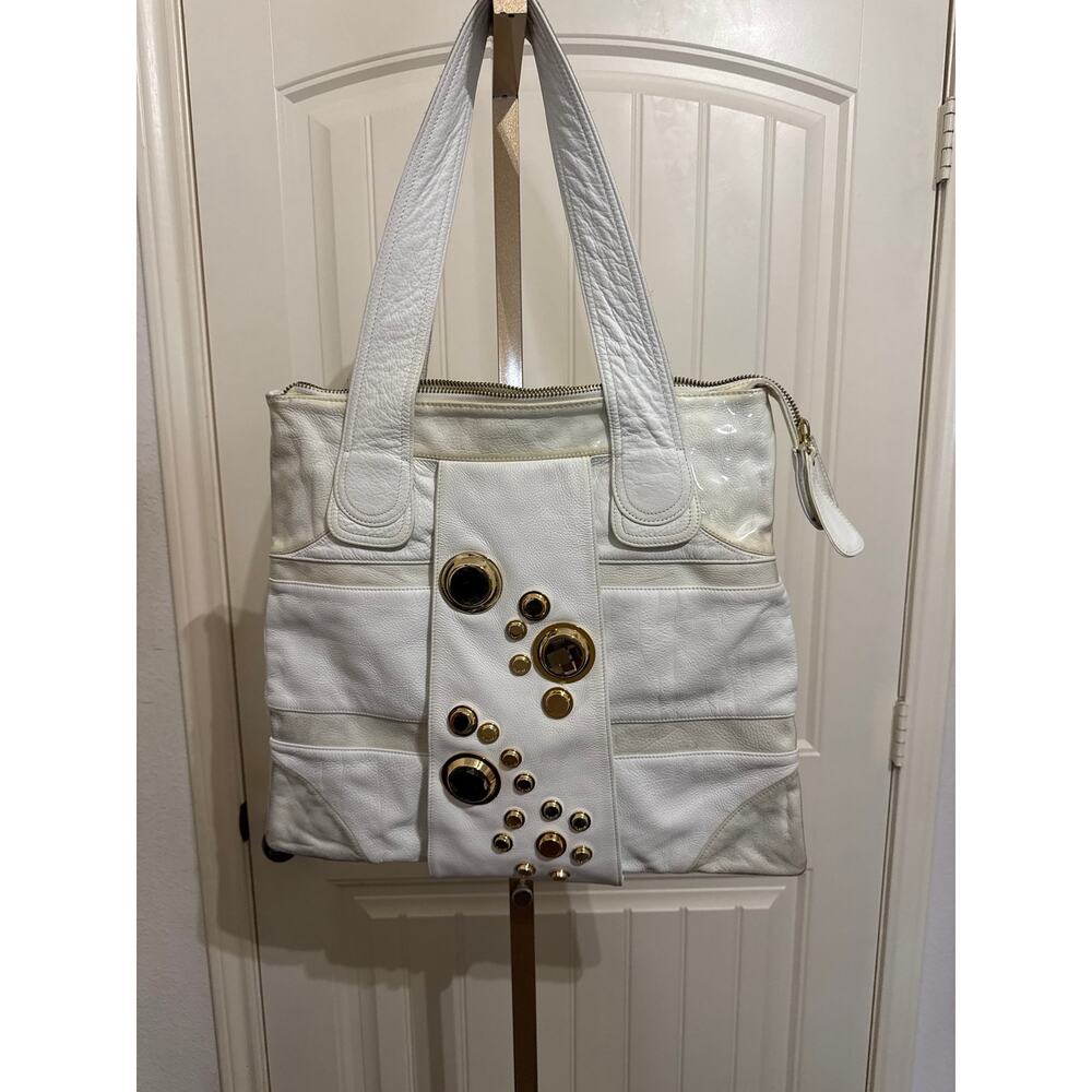 Vintage Gustto White Leather Shoulder Bag Y2K Large Gold Medallion Tote